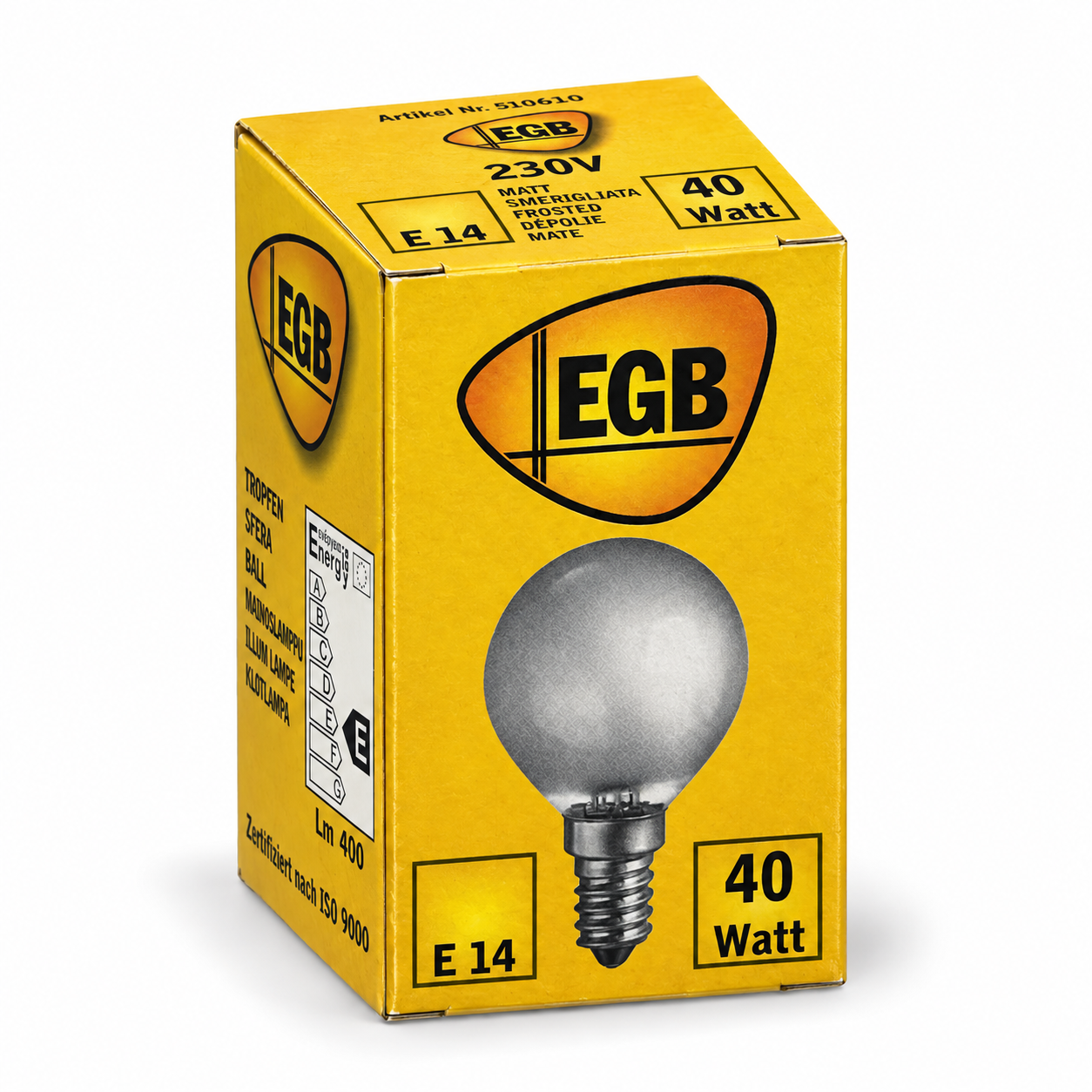 EGB Tropfenlampe 40 Watt – Verpackung in Seitenperspektive