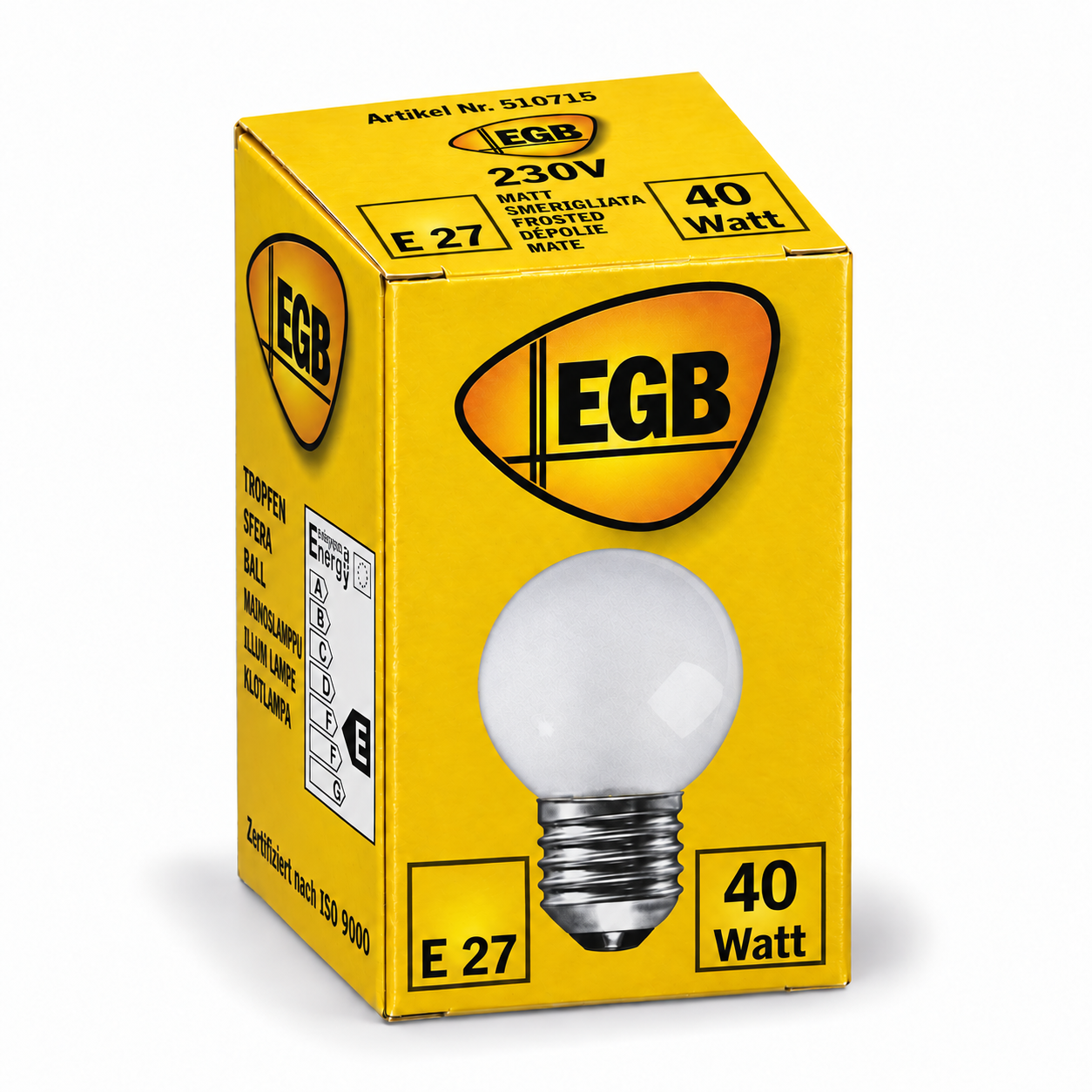 EGB Tropfenlampe 40 Watt – Verpackung in Seitenperspektive