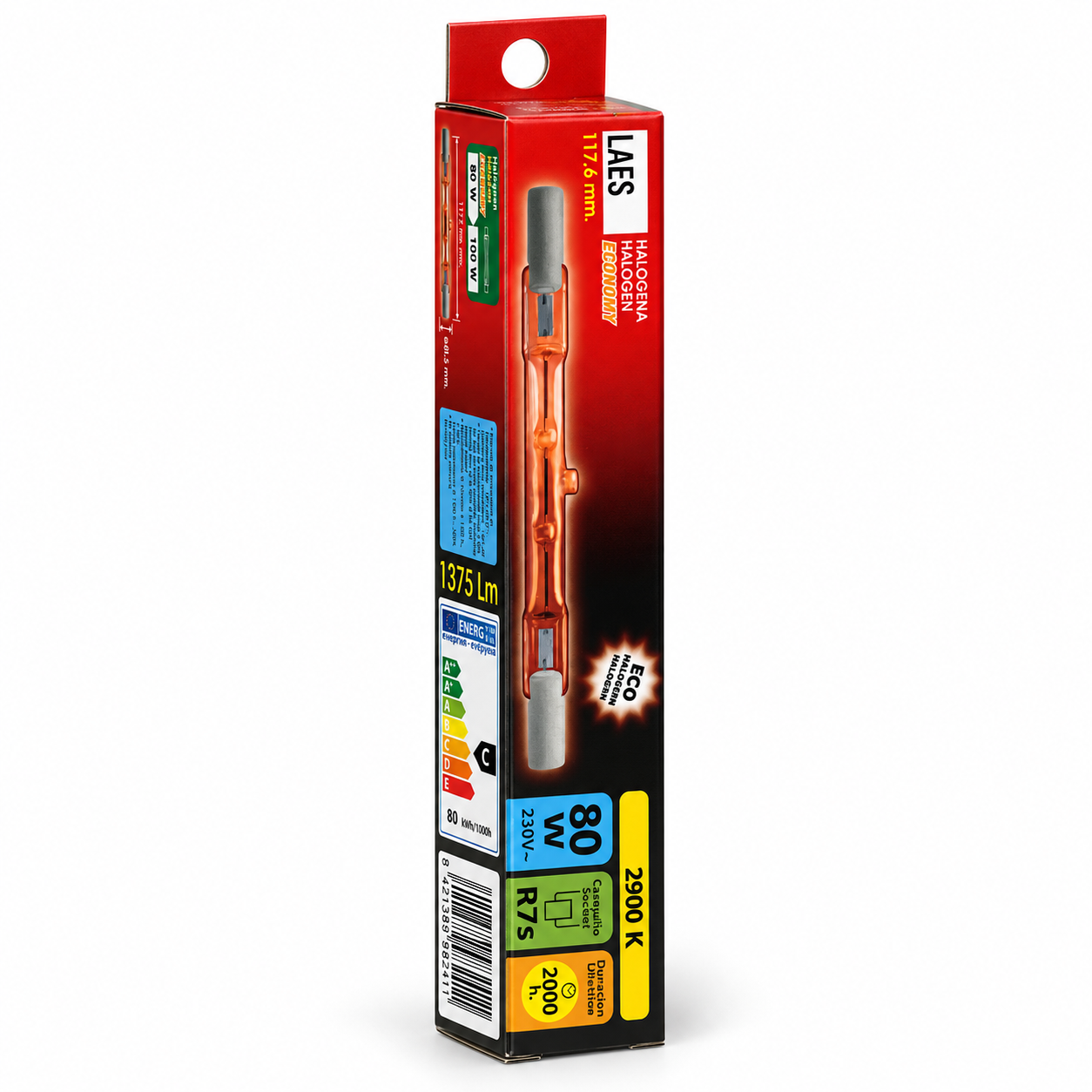 LAES Halogenstab 80 Watt – Verpackung in Seitenperspektive