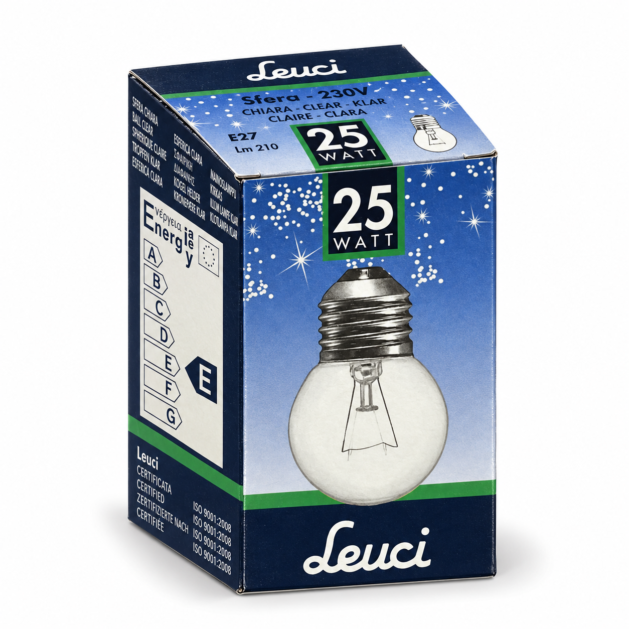 LEUCI Sfera 25 Watt – Verpackung in Seitenperspektive