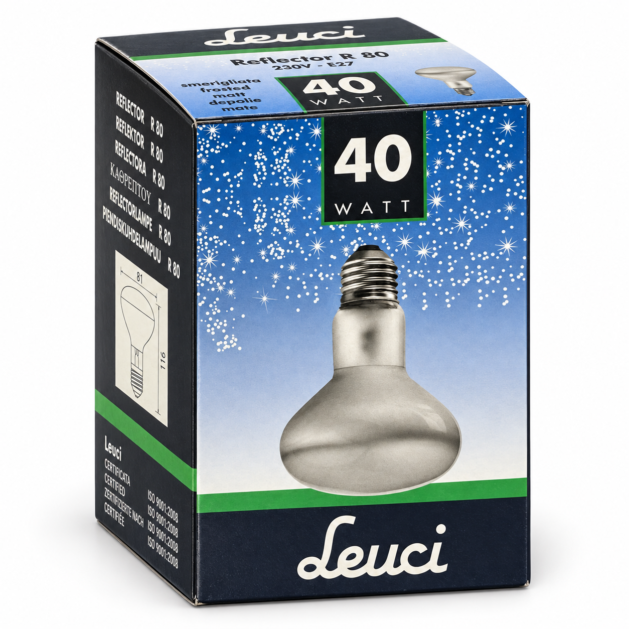 LEUCI Reflector R80 40 Watt – Verpackung in Seitenperspektive