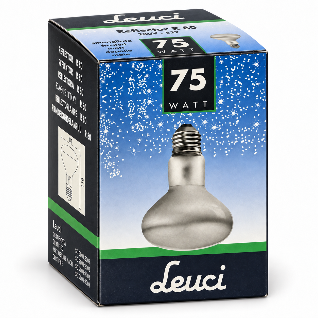 LEUCI Reflector R80 75 Watt – Verpackung in Seitenperspektive