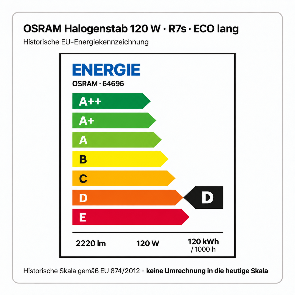 OSRAM 120 Watt R7s klar – 120 W, 120 kWh / 1000 h; 2220 lm, historische Energieklasse D (EU 874/2012)