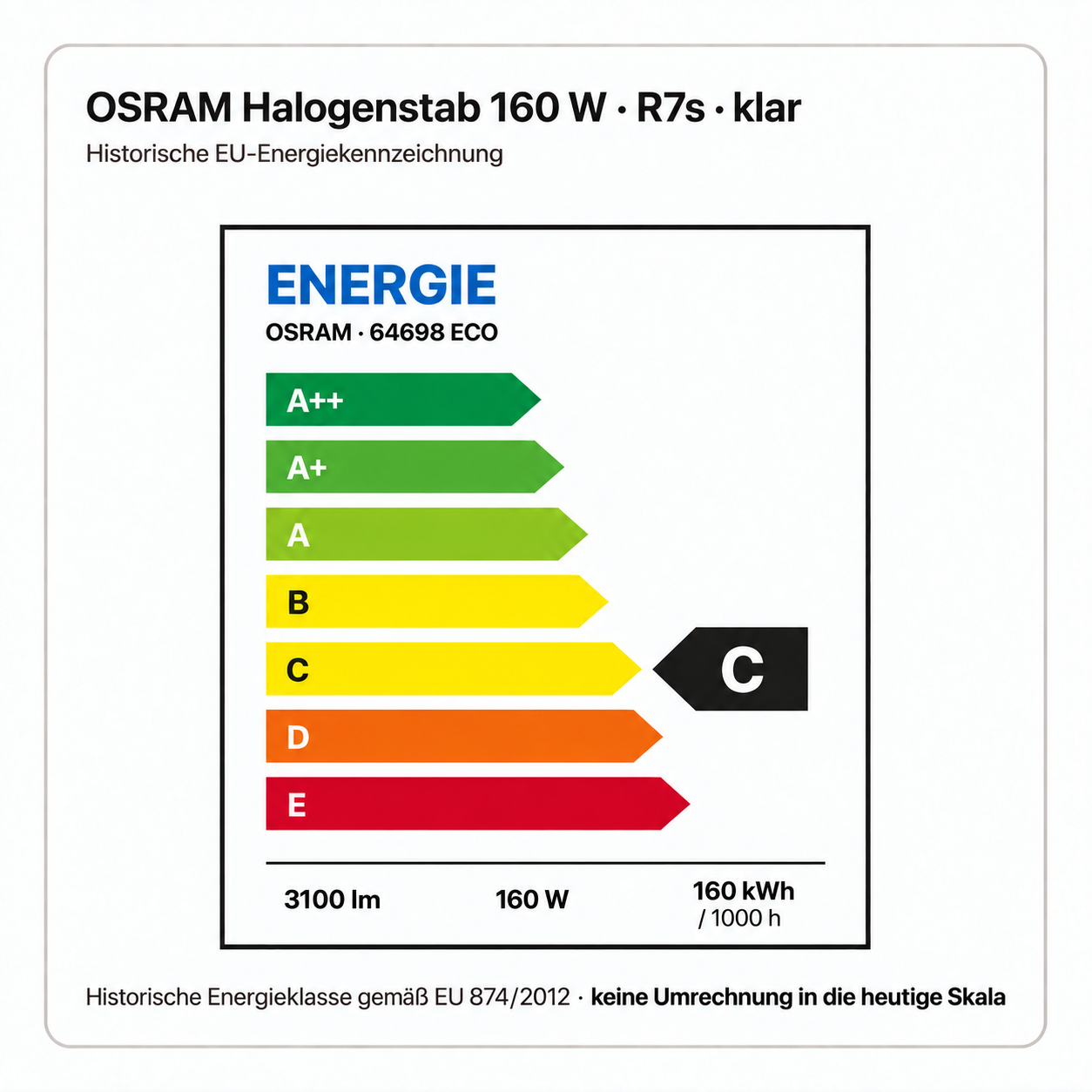OSRAM 160 Watt R7s klar – 160 W, 160 kWh / 1000 h; 3100 lm, historische Energieklasse C (EU 874/2012)