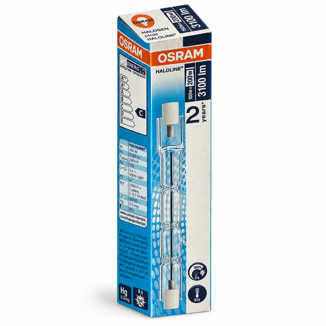 OSRAM Halogenstab 160 Watt – Verpackung in Seitenperspektive