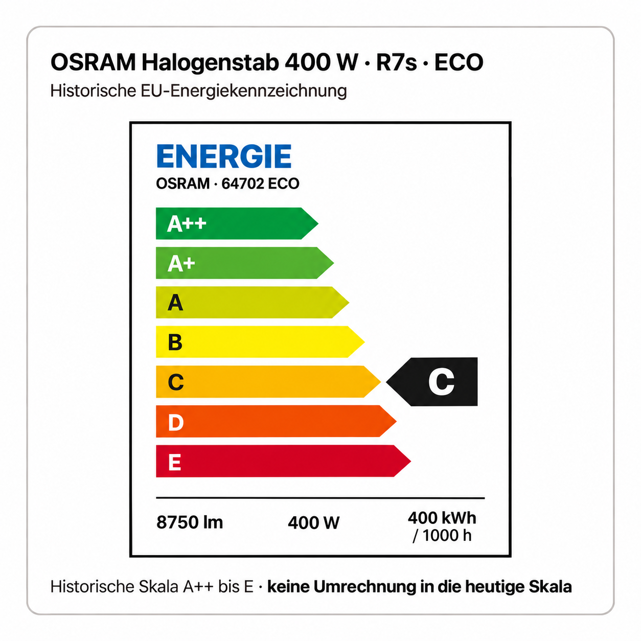 OSRAM 400 Watt R7s klar – 400 W, 400 kWh / 1000 h; 8750 lm, historische Energieklasse C (EU 874/2012)