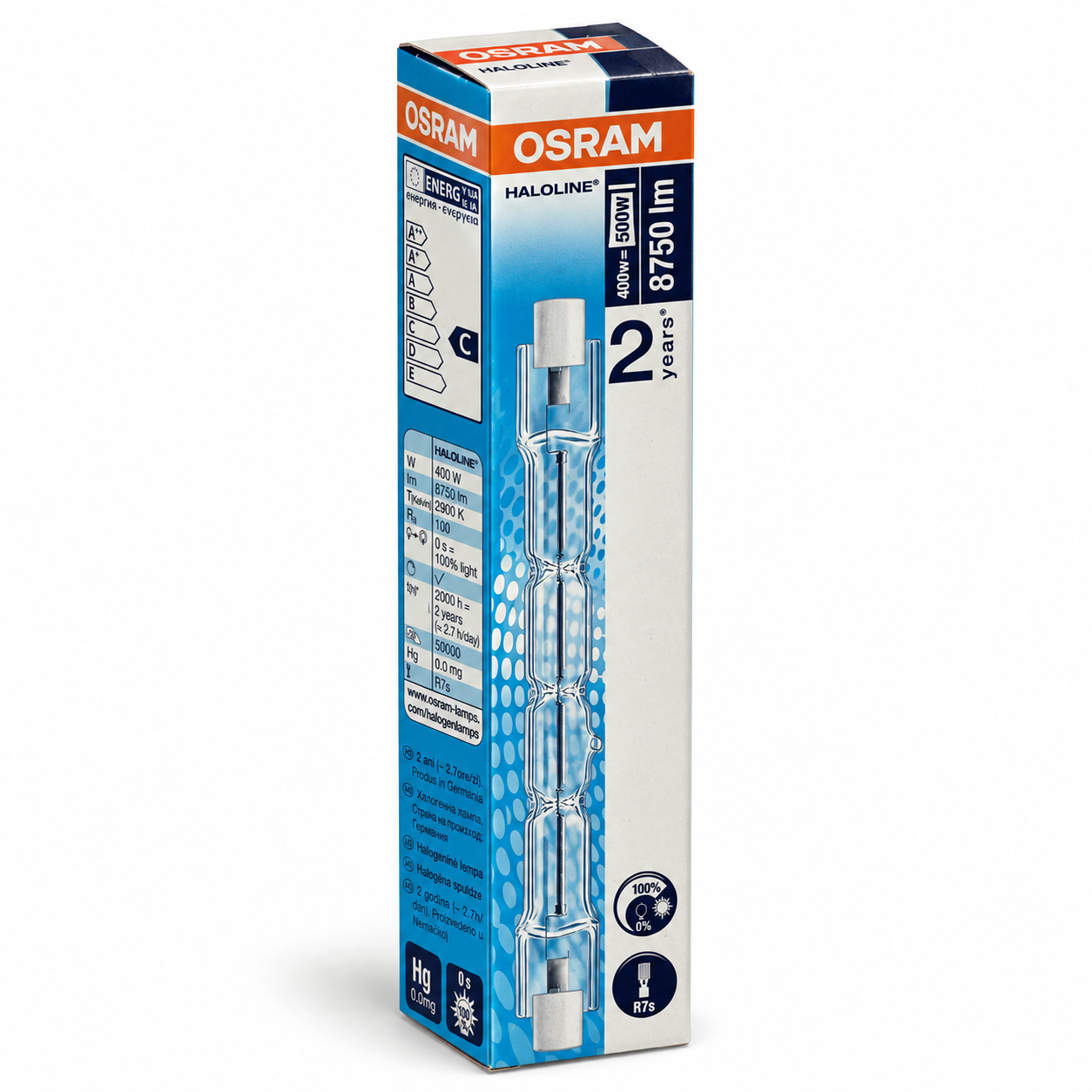 OSRAM Halogenstab 400 Watt – Verpackung in Seitenperspektive