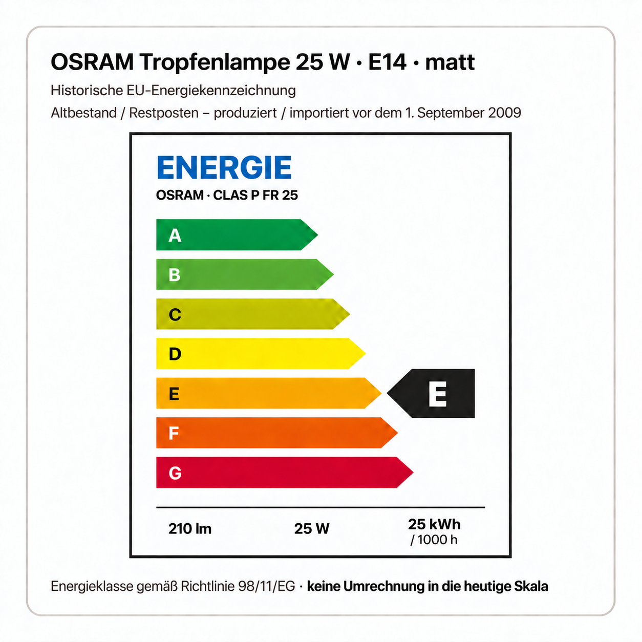 OSRAM 25 Watt E14 matt – historische Energieklasse E, 210 lm, 25 W, 25 kWh / 1000 h