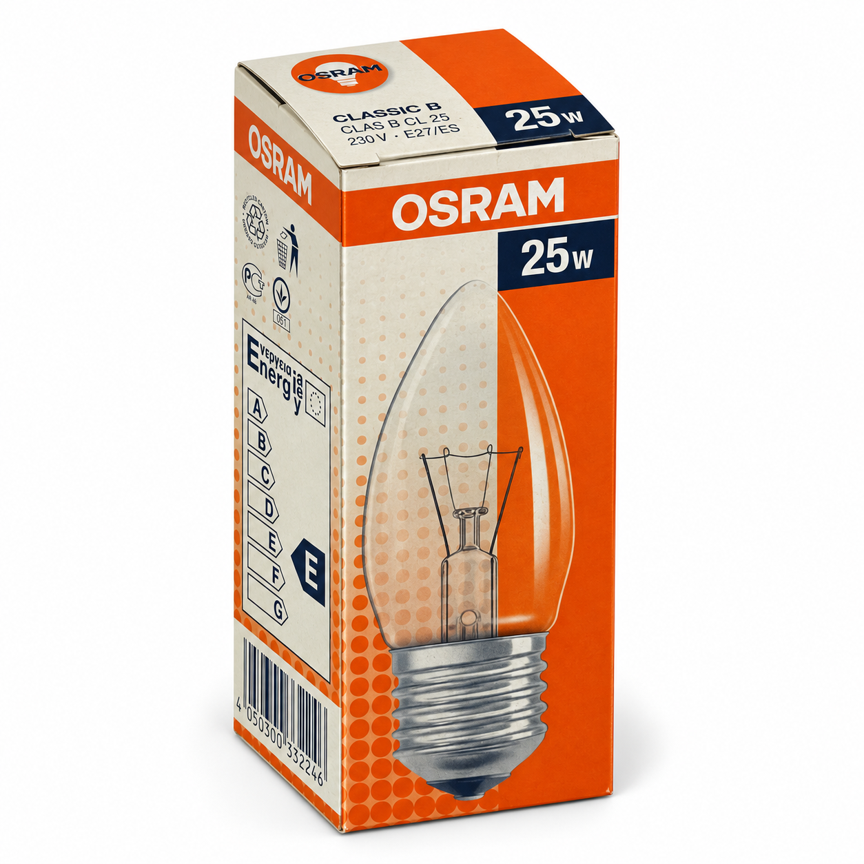 OSRAM Kerzenlampe 25 Watt – Verpackung in Seitenperspektive
