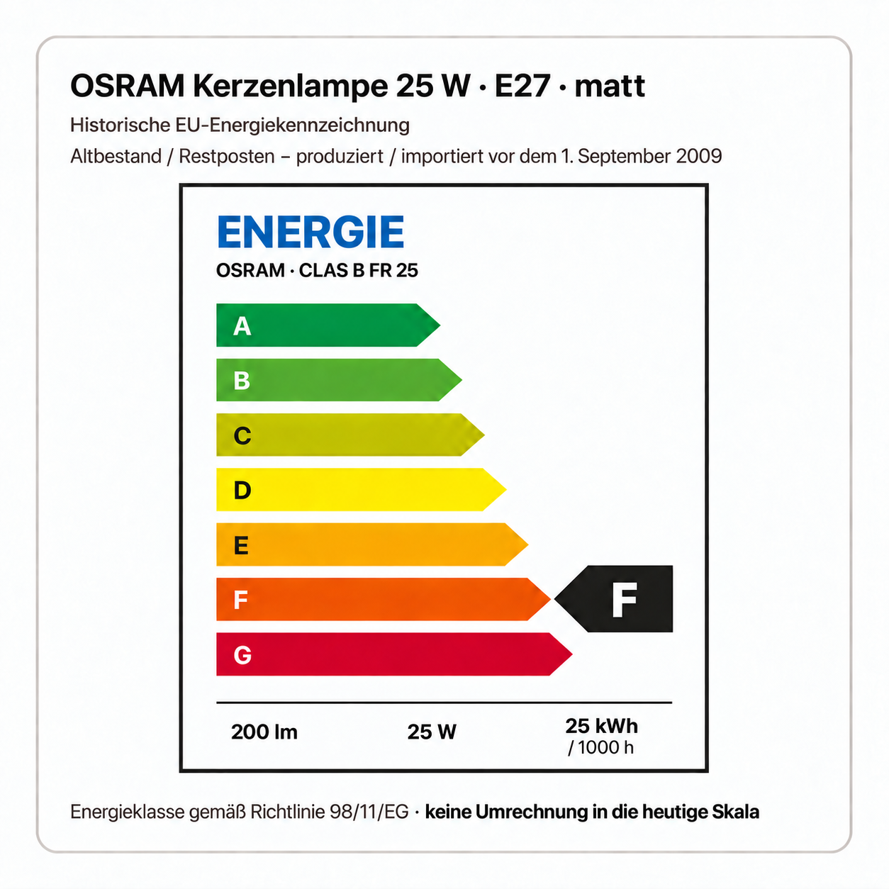OSRAM 25 Watt E27 matt – 25 W, 25 kWh / 1000 h; 200 lm, historische Energieklasse E