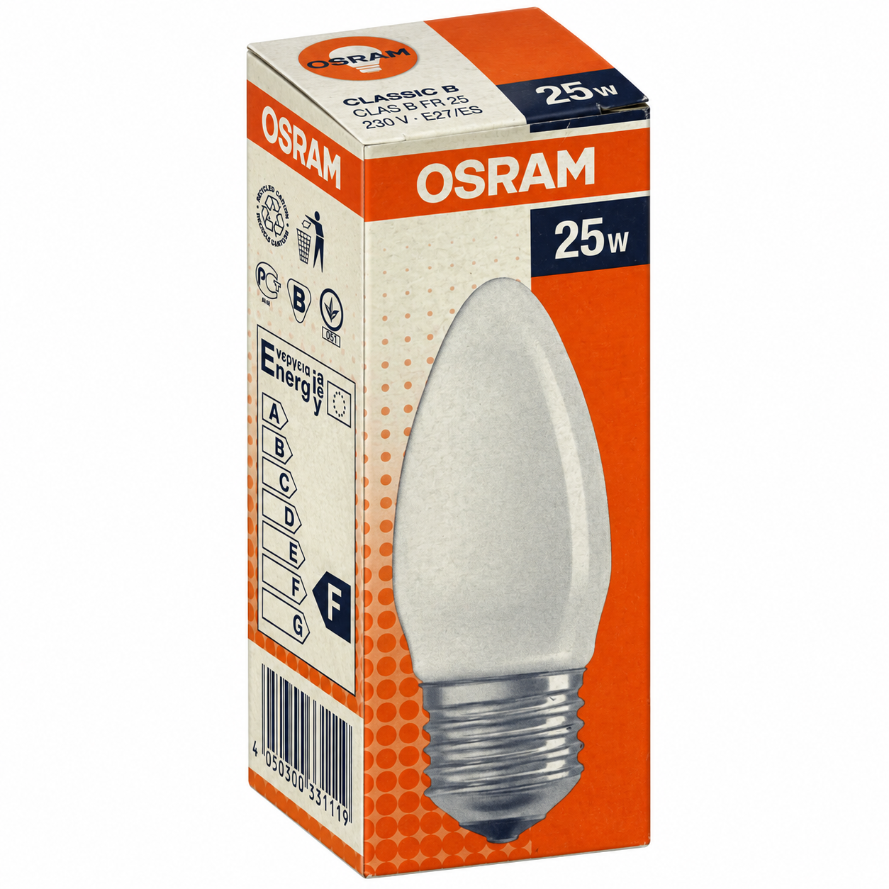OSRAM Kerzenlampe 25 Watt – Verpackung in Seitenperspektive