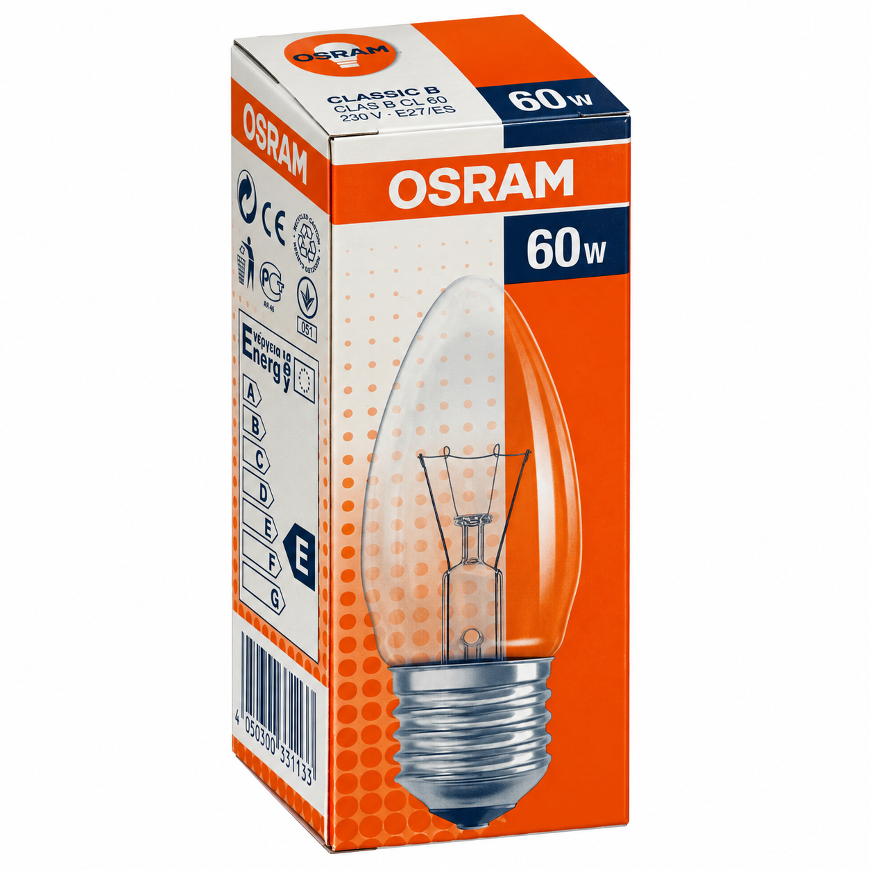 OSRAM Kerzenlampe 60 Watt – Verpackung in Seitenperspektive