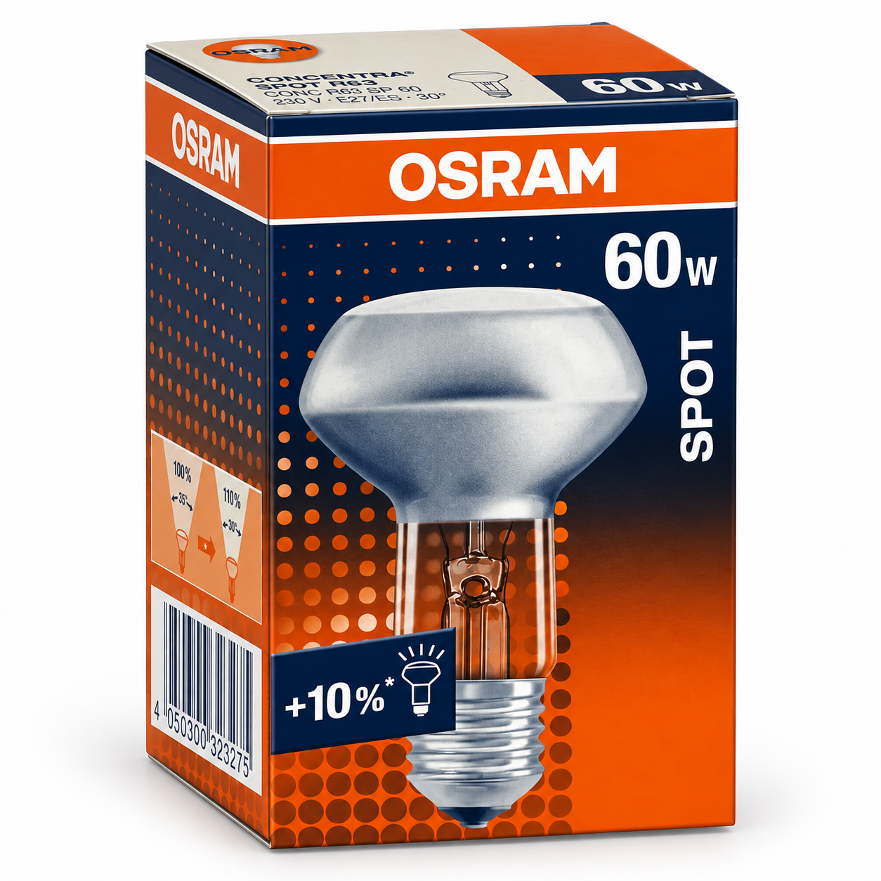 OSRAM CONCENTRA SPOT R63 60 Watt – Verpackung in Seitenperspektive