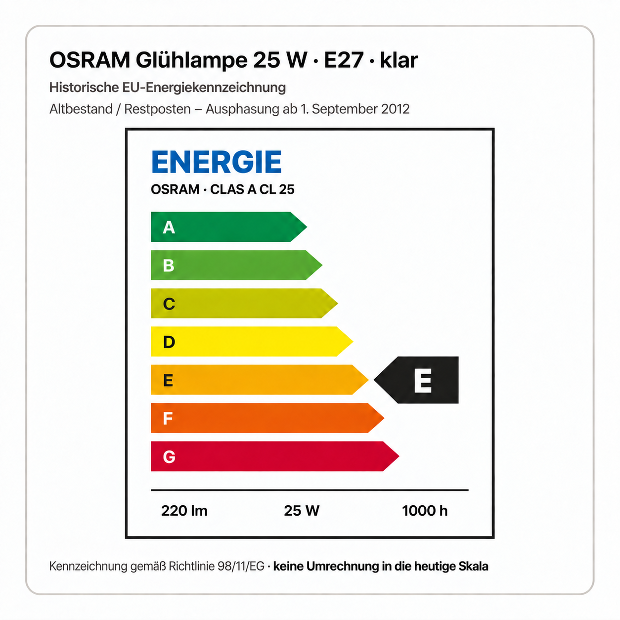 OSRAM 25 Watt E27 klar – historische Energieklasse E, 220 lm, 25 W, 1000 h