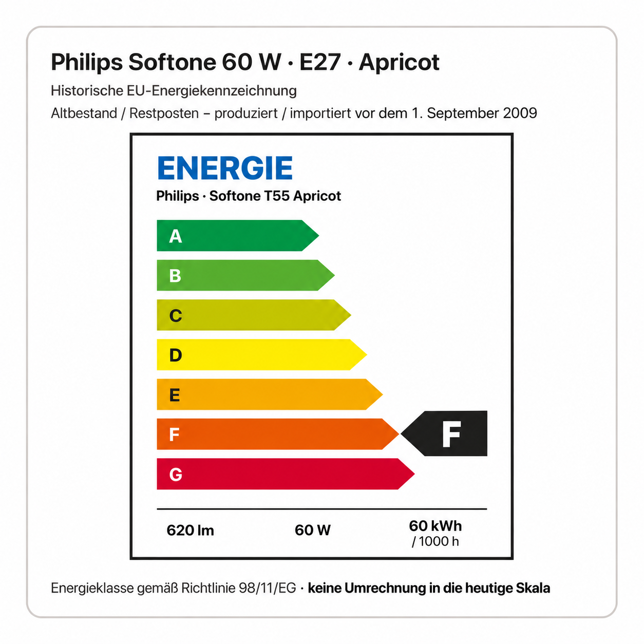 PHILIPS 60 Watt E27 Apricot – historische Energieklasse F, 620 lm, 60 W, 60 kWh / 1000 h