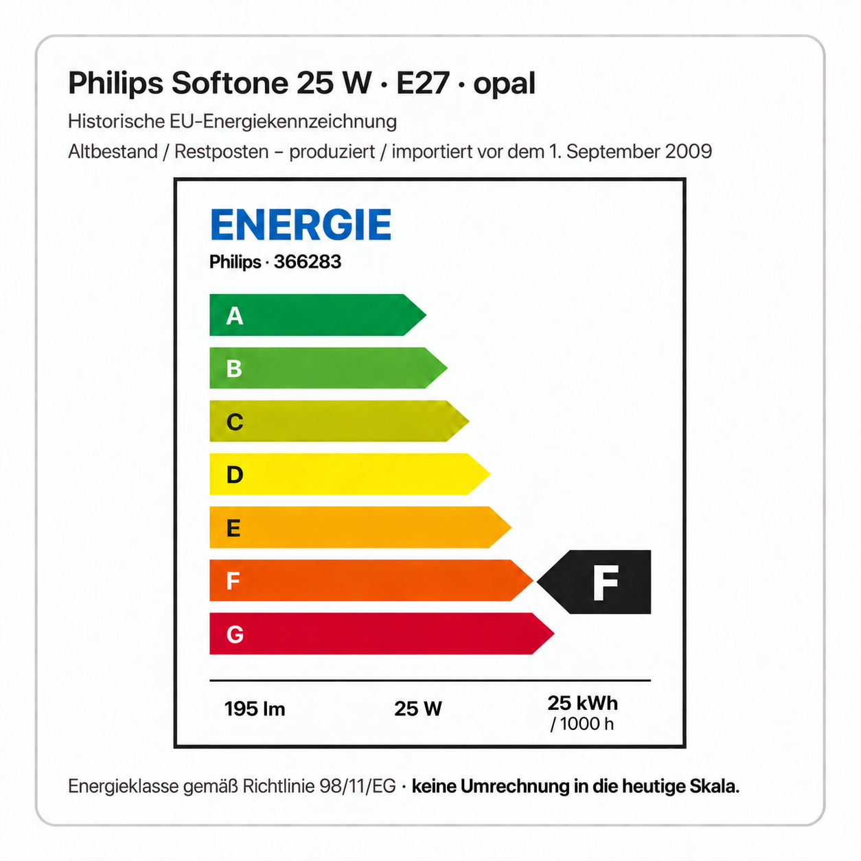 PHILIPS 25 Watt E27 opal – 25 W, 25 kWh / 1000 h; 195 lm, historische Energieklasse F