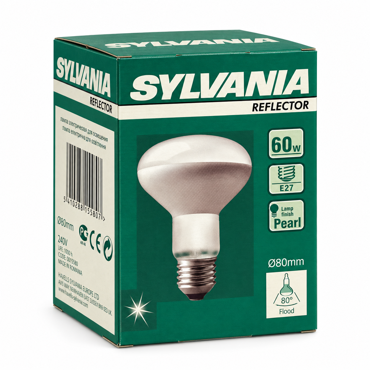 SYLVANIA Reflector R80 60 Watt – Verpackung in Seitenperspektive
