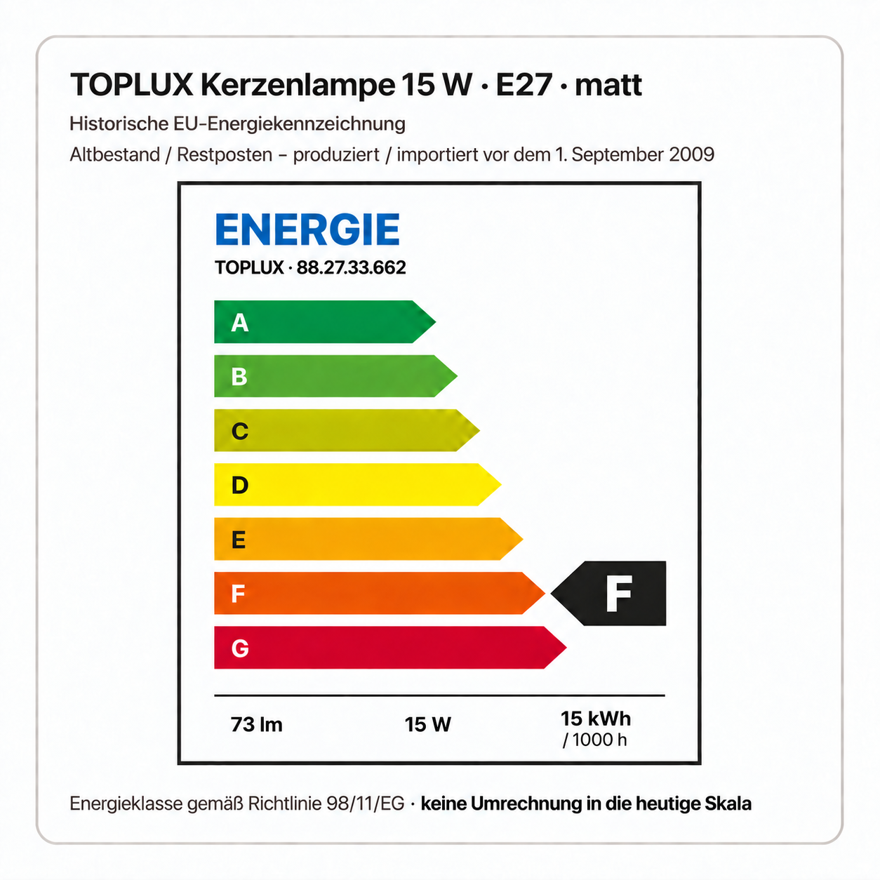 TOPLUX 15 Watt E27 matt – 15 W, 15 kWh / 1000 h; 73 lm, historische Energieklasse F