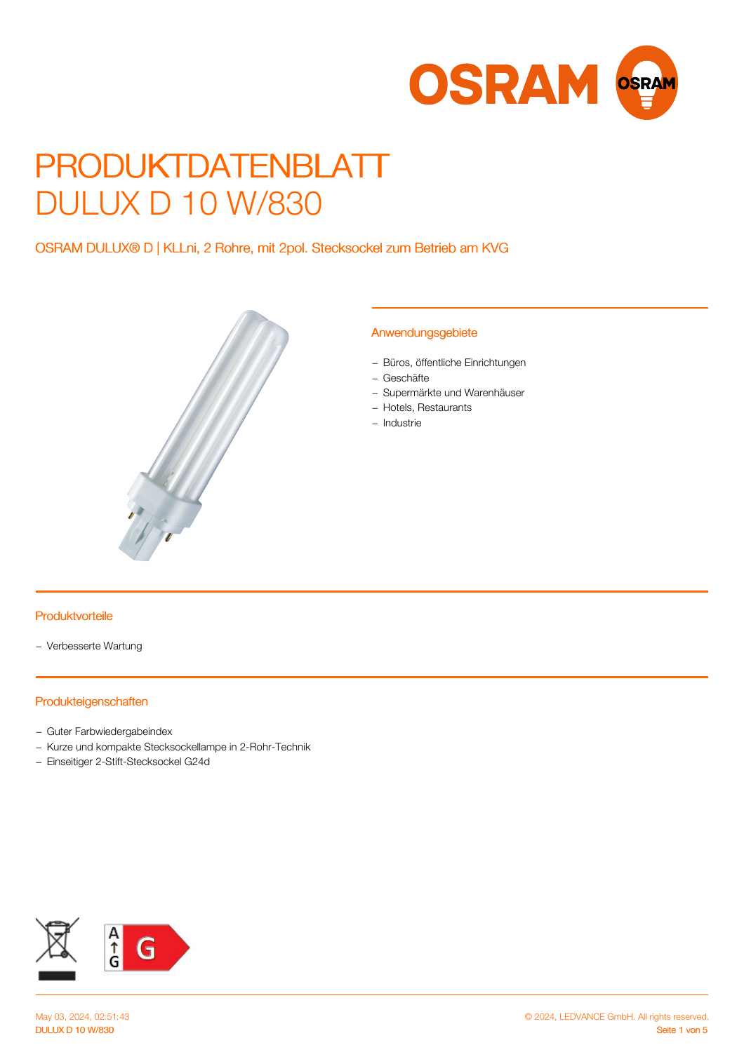 Offizielles LEDVANCE-Produktdatenblatt OSRAM DULUX D 10 W/830