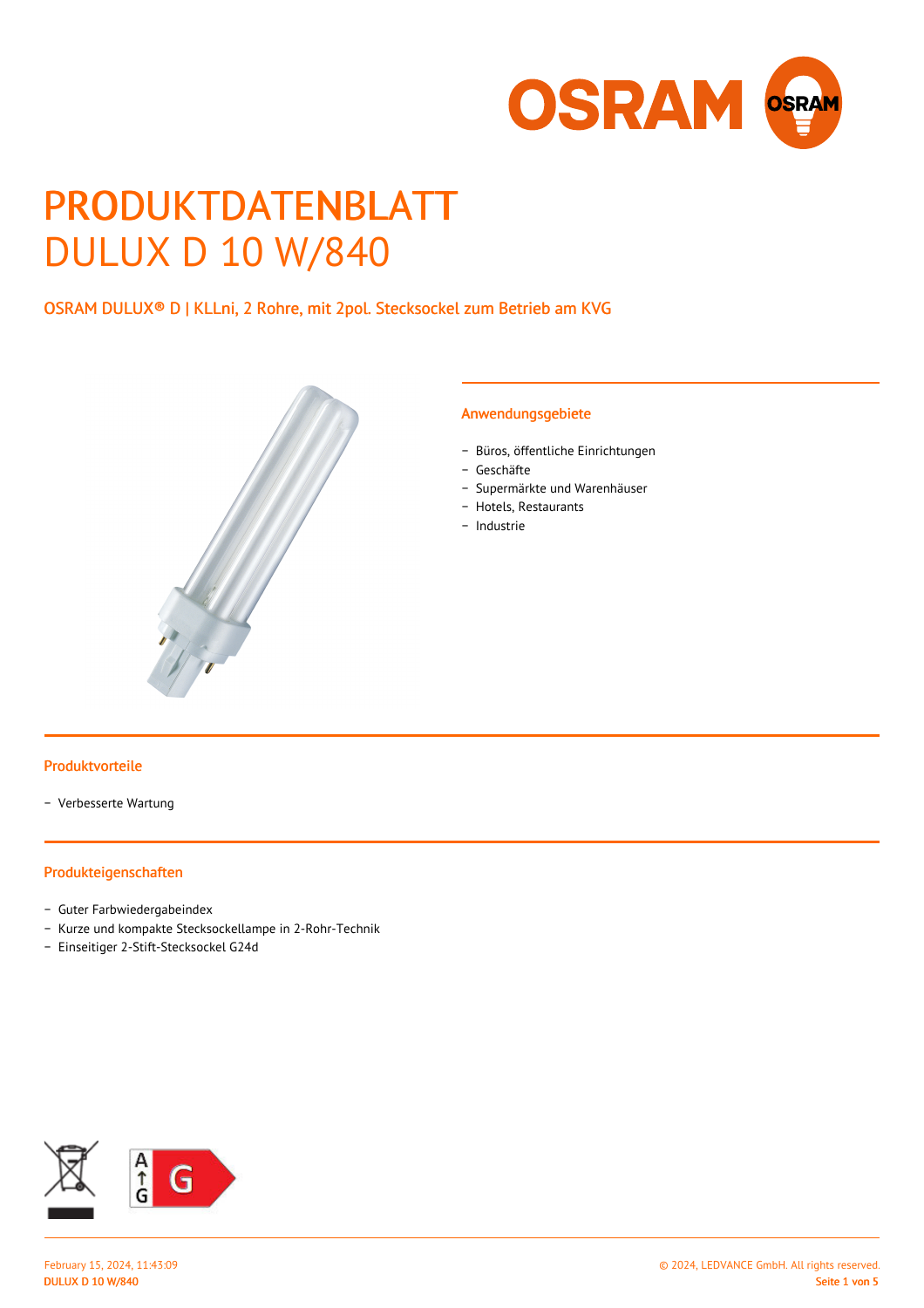 Offizielles LEDVANCE-Produktdatenblatt OSRAM DULUX D 10 W/840