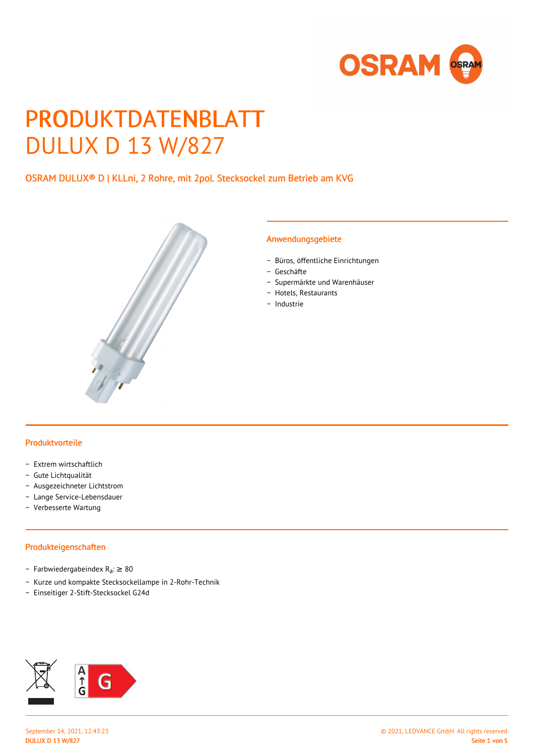 Offizielles LEDVANCE-Produktdatenblatt OSRAM DULUX D 13 W/827