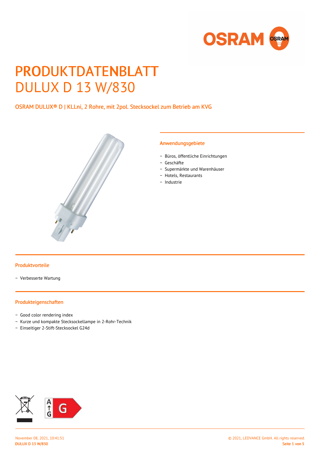 Offizielles LEDVANCE-Produktdatenblatt OSRAM DULUX D 13 W/830