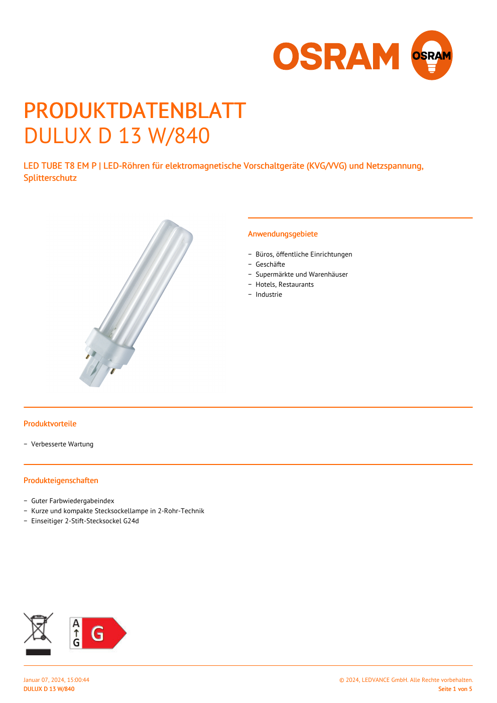 Offizielles LEDVANCE-Produktdatenblatt OSRAM DULUX D 13 W/840