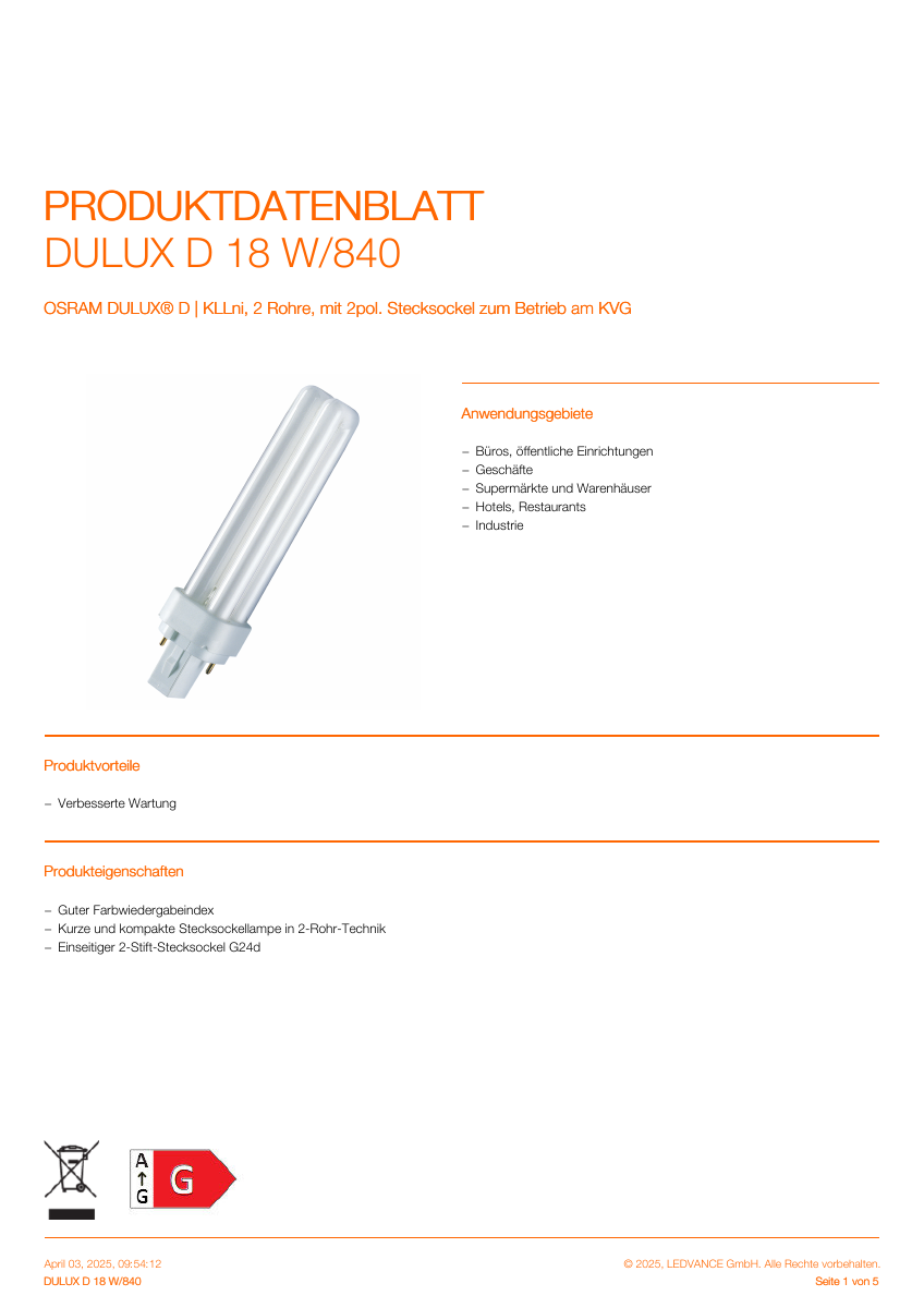 Offizielles LEDVANCE-Produktdatenblatt OSRAM DULUX D 18 W/840