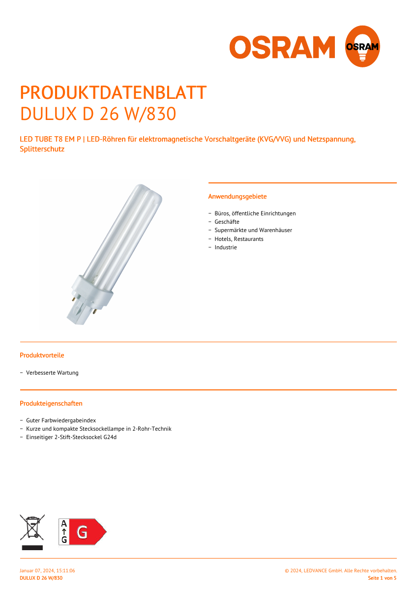 Offizielles LEDVANCE-Produktdatenblatt OSRAM DULUX D 26 W/830