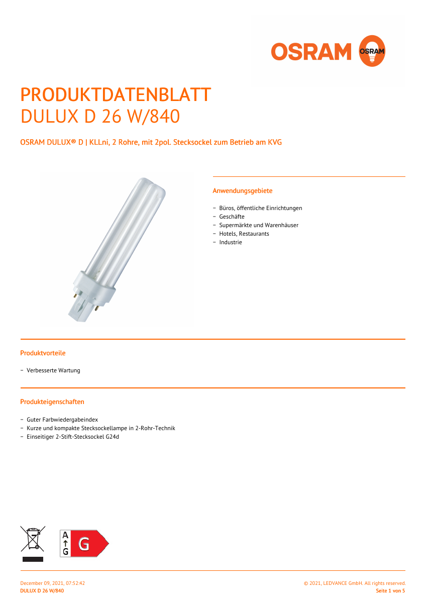 Offizielles LEDVANCE-Produktdatenblatt OSRAM DULUX D 26 W/840