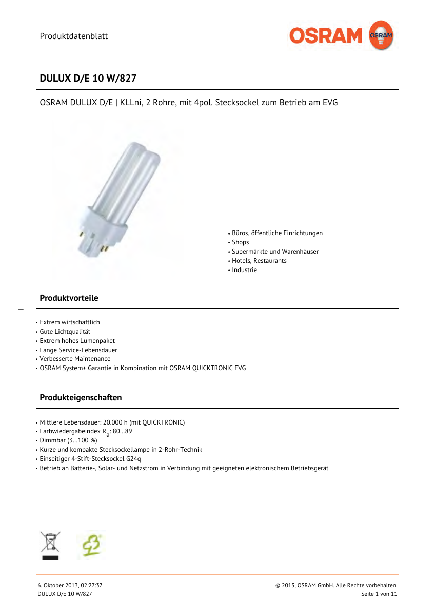 Offizielles LEDVANCE-Produktdatenblatt OSRAM DULUX D/E 10 W/827