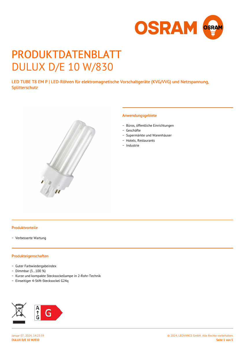 Offizielles LEDVANCE-Produktdatenblatt OSRAM DULUX D/E 10 W/830