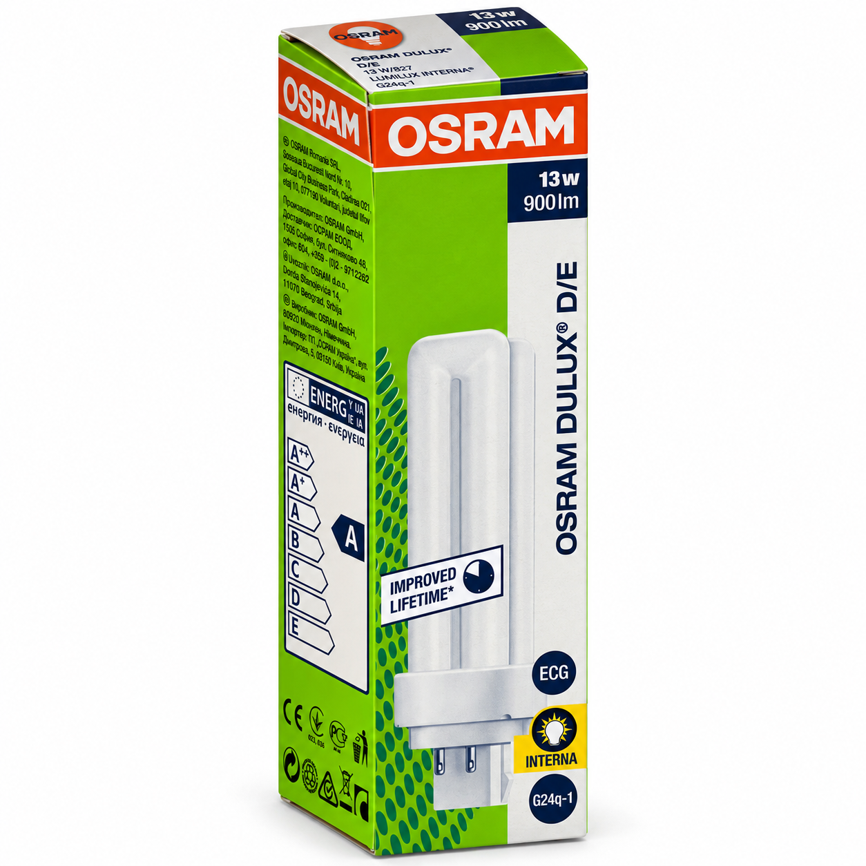DULUX D/E Originalschachtel, linke Seite mit Energieetikett