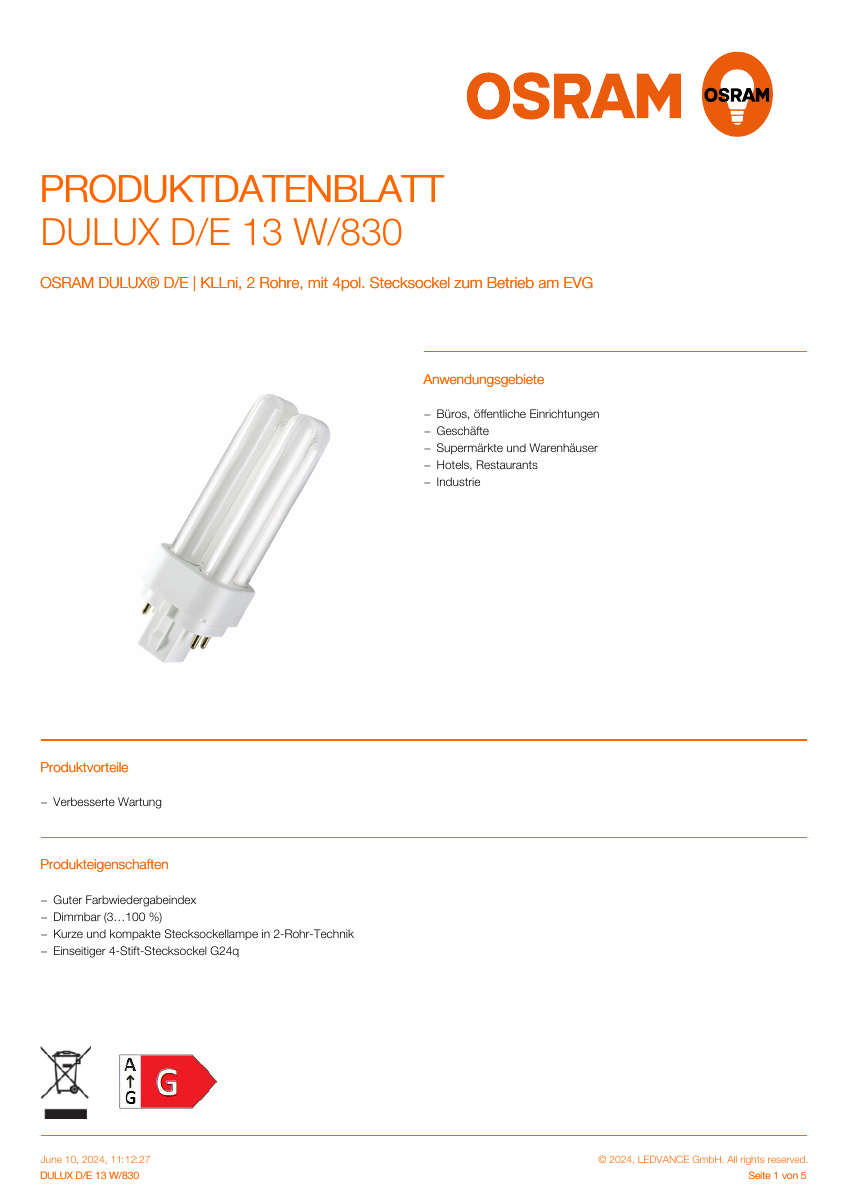 Offizielles LEDVANCE-Produktdatenblatt OSRAM DULUX D/E 13 W/830