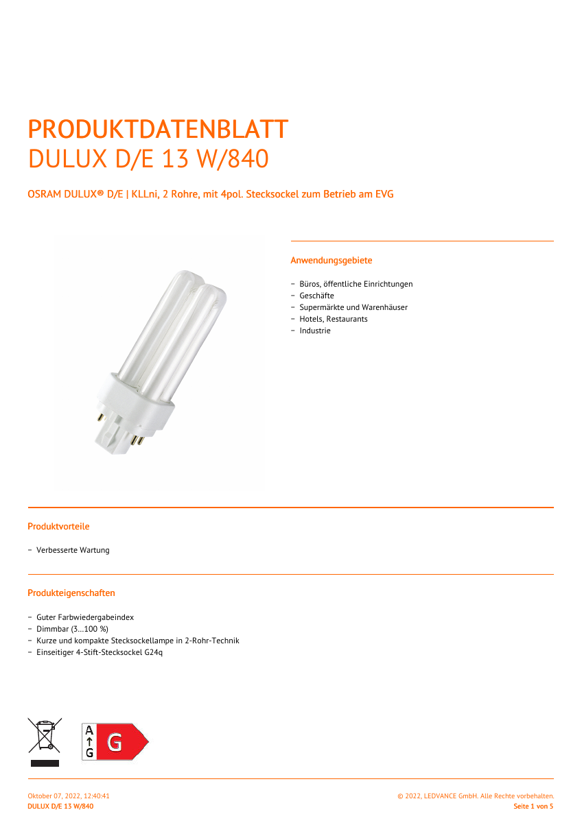 Offizielles LEDVANCE-Produktdatenblatt OSRAM DULUX D/E 13 W/840
