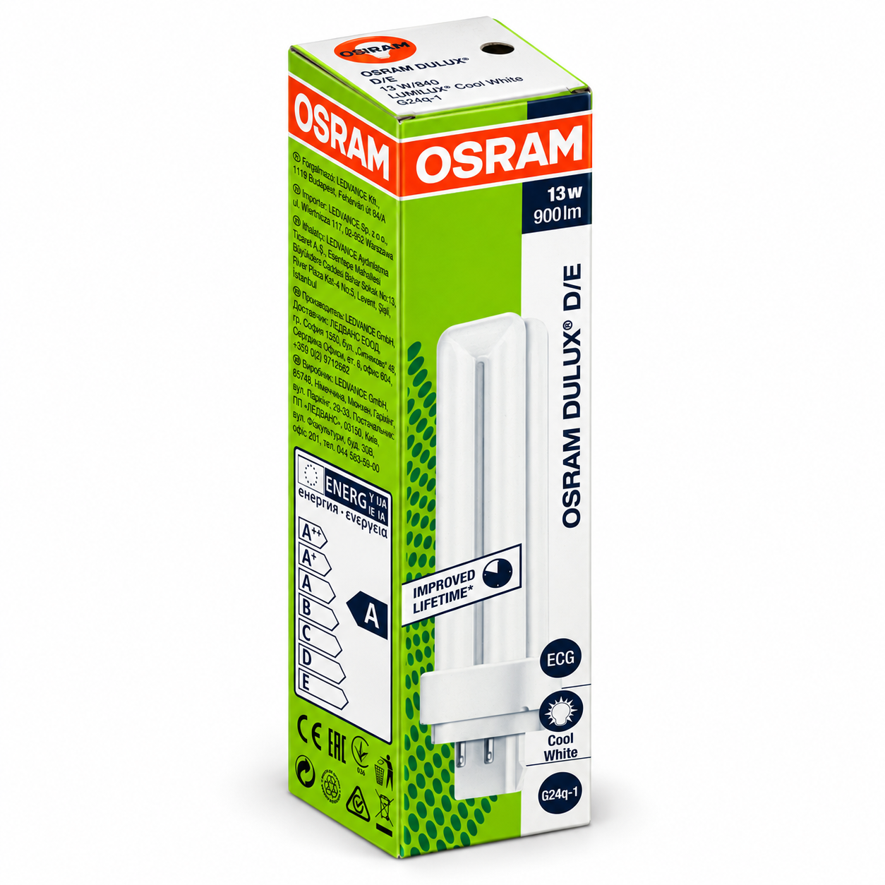 DULUX D/E Originalschachtel, linke Seite mit Energieetikett