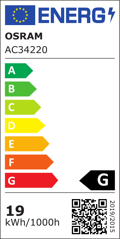 Original-Energieetikett OSRAM, Klasse G, 19 kWh pro 1000 Stunden