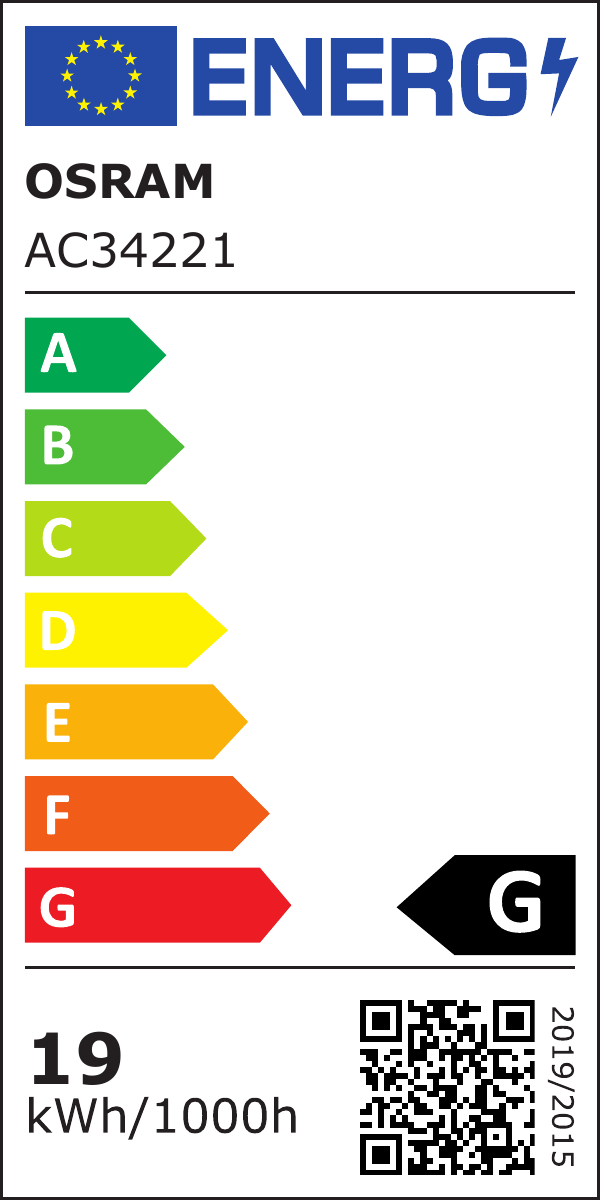 Original-Energieetikett OSRAM, Klasse G, 19 kWh pro 1000 Stunden