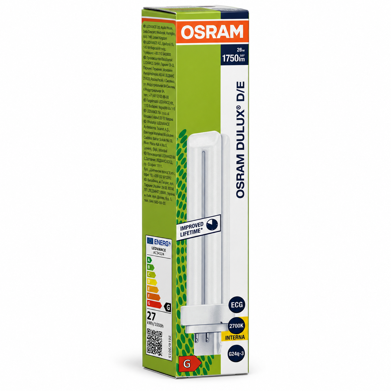 DULUX D/E Originalschachtel, linke Seite mit Energieetikett