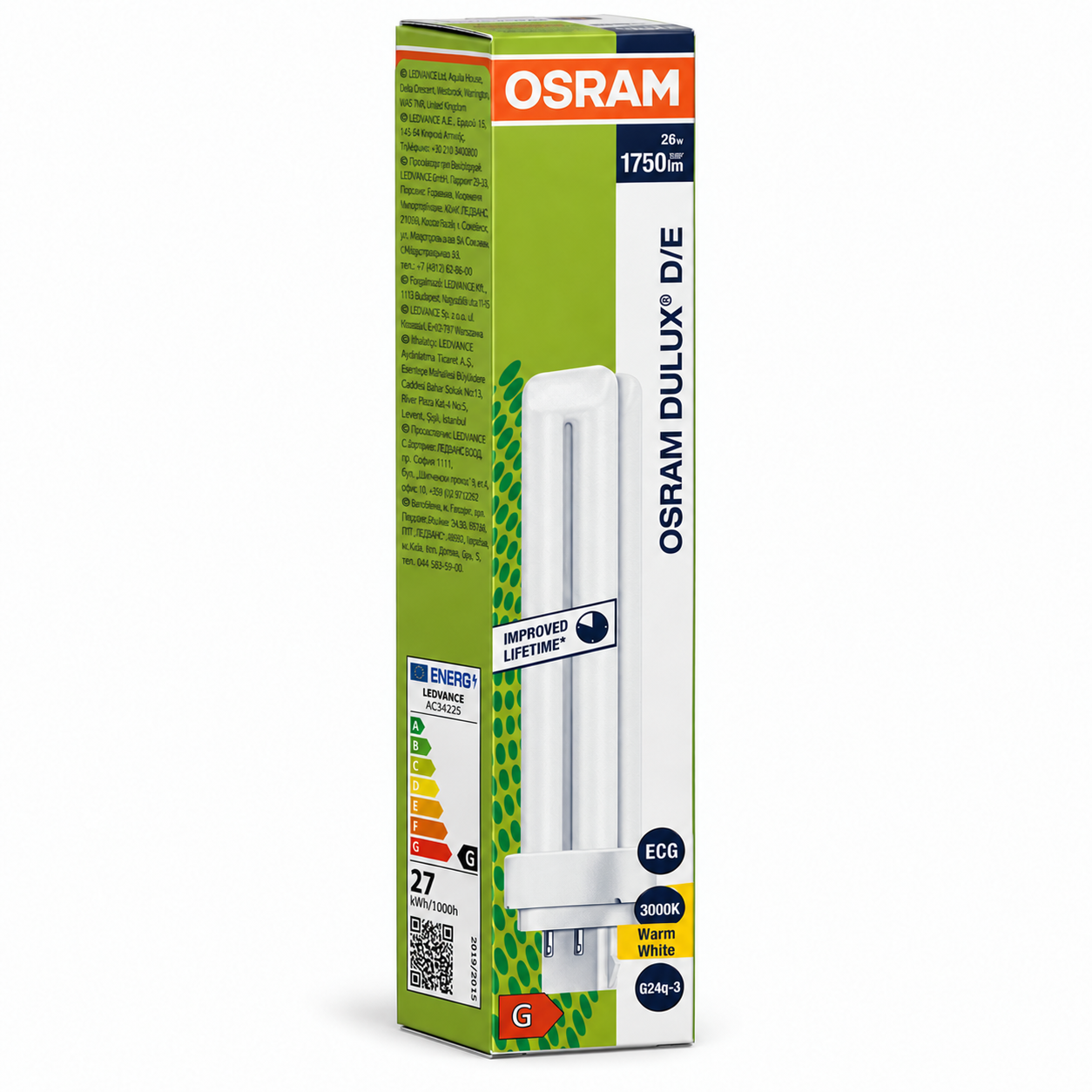 DULUX D/E Originalschachtel, linke Seite mit Energieetikett