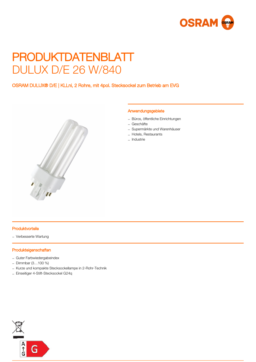 Offizielles LEDVANCE-Produktdatenblatt OSRAM DULUX D/E 26 W/840