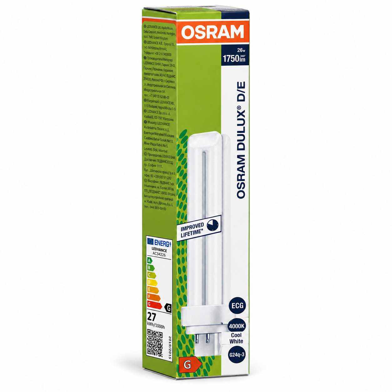 DULUX D/E Originalschachtel, linke Seite mit Energieetikett