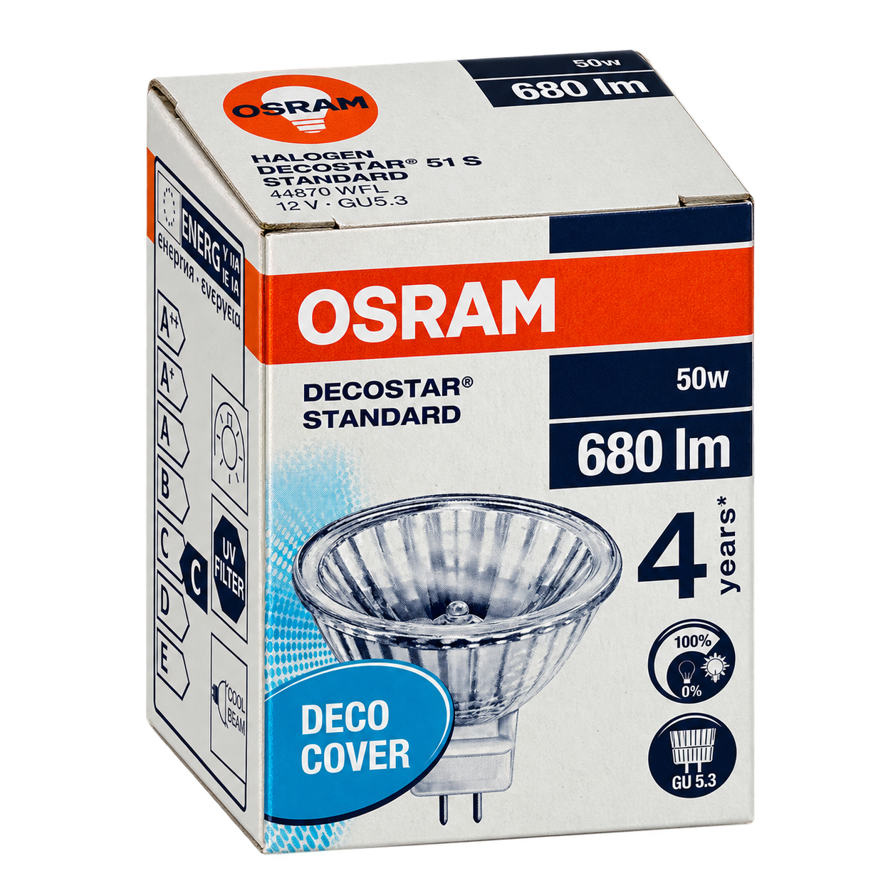 OSRAM Halogenlampe 50 Watt – Verpackung in Seitenperspektive
