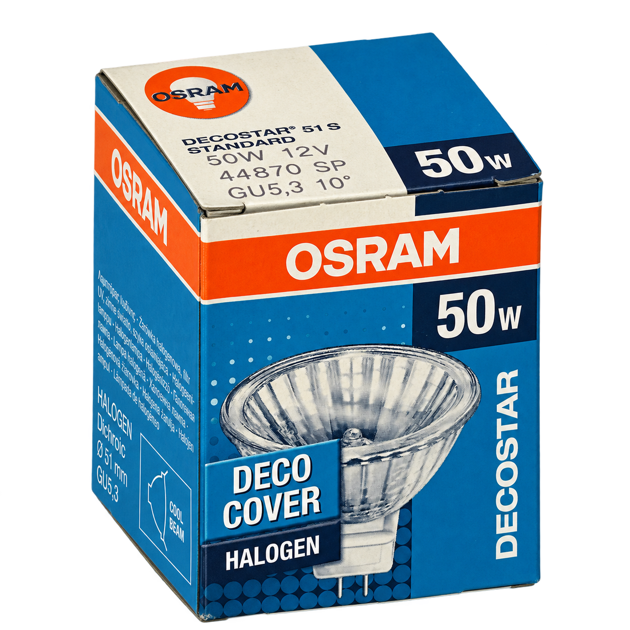 OSRAM Halogenlampe 50 Watt – Verpackung in Seitenperspektive