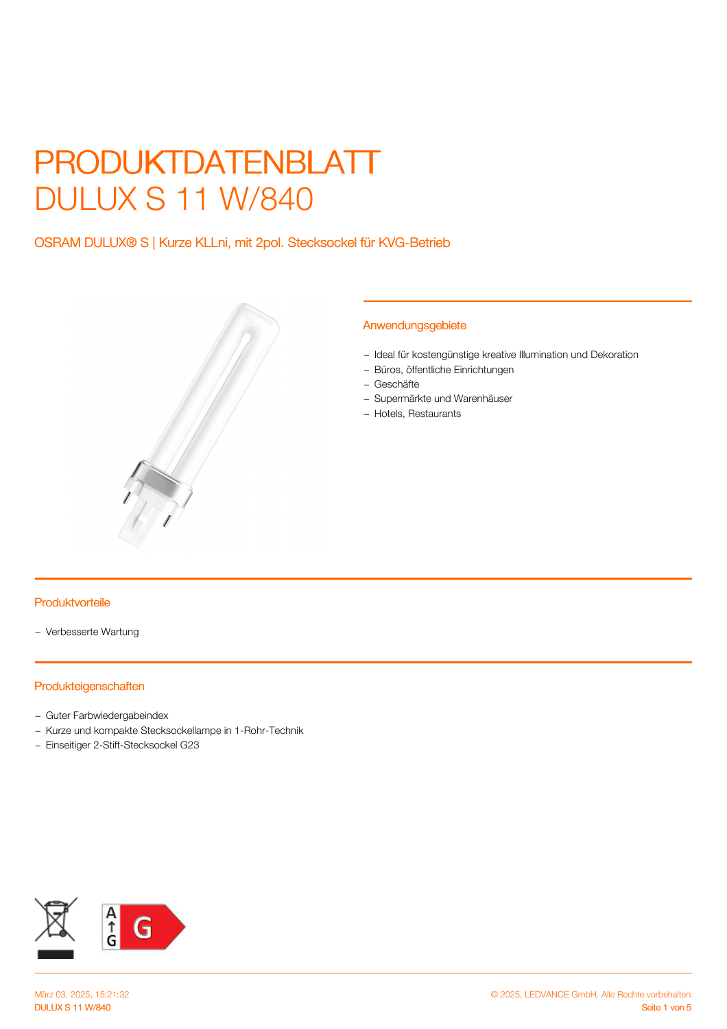 Offizielles LEDVANCE-Produktdatenblatt OSRAM DULUX S 11 W/840