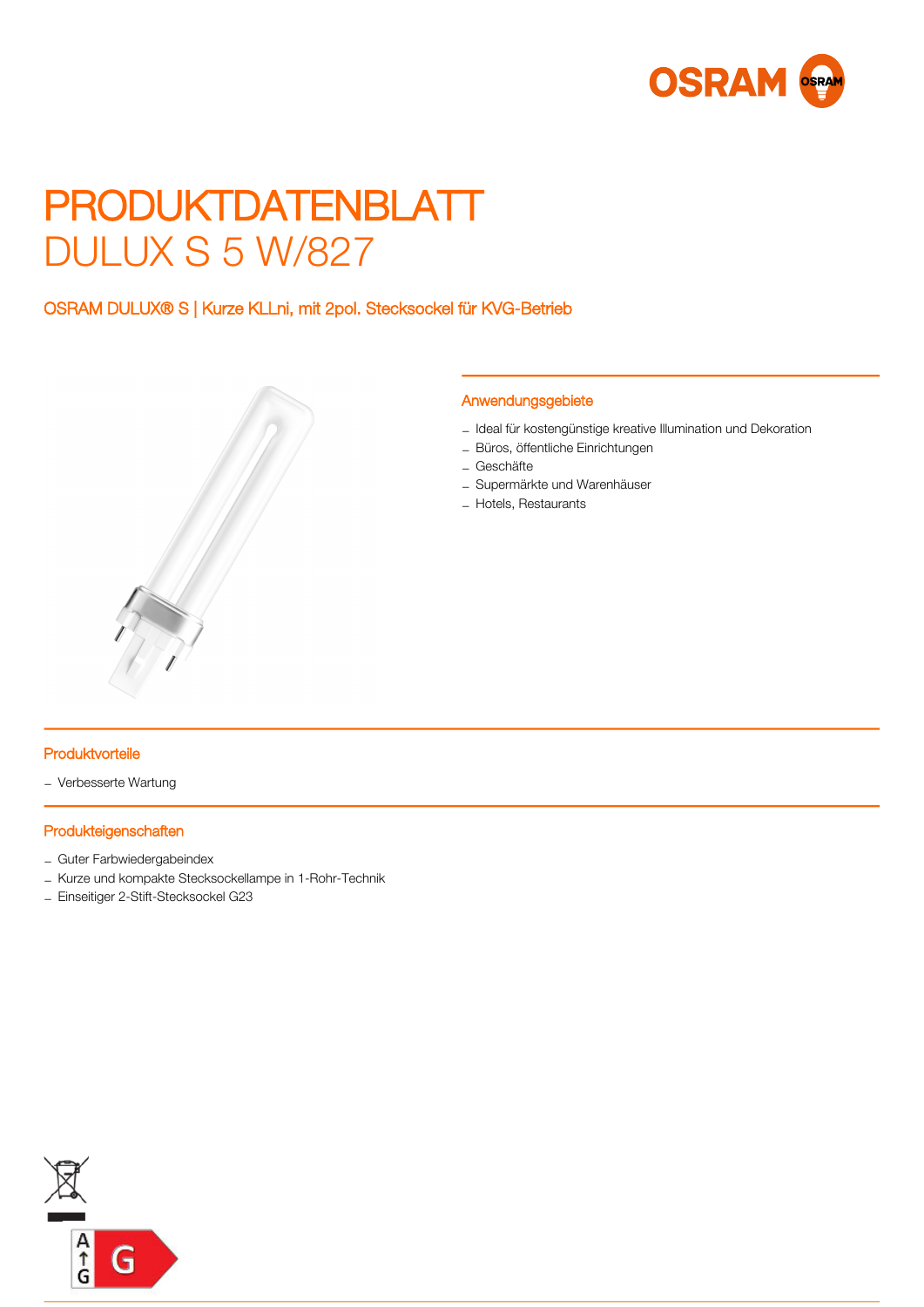 Deutsches Originaldatenblatt OSRAM DULUX S 5 W/827