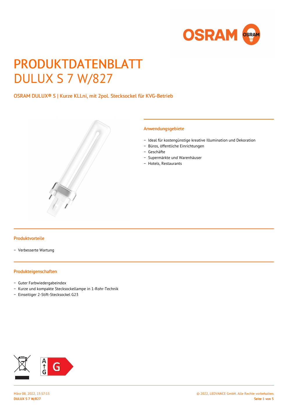 Deutsches Originaldatenblatt OSRAM DULUX S 7 W/827