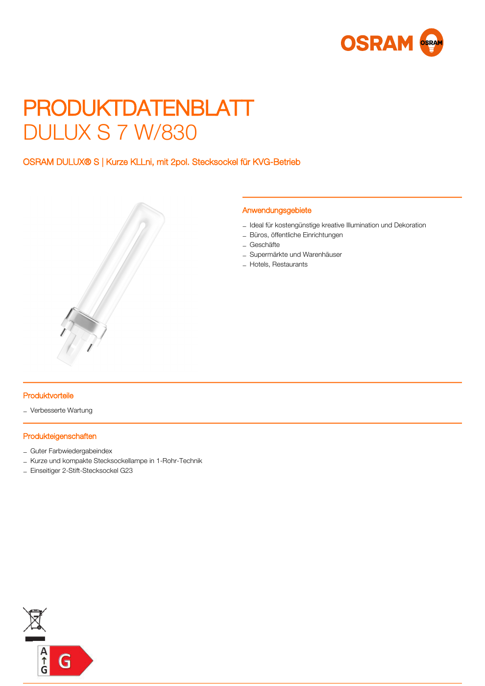 Deutsches Originaldatenblatt OSRAM DULUX S 7 W/830