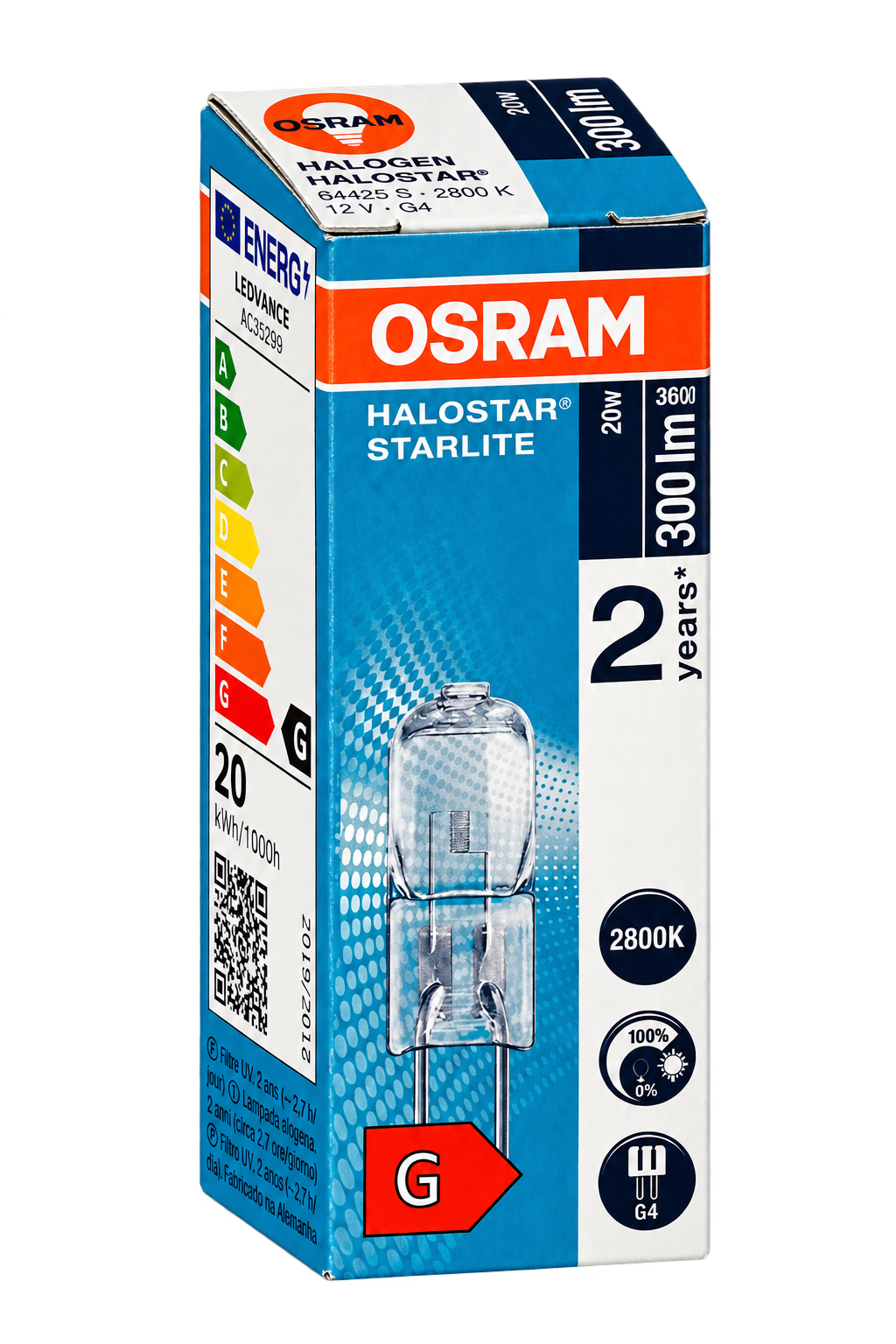 OSRAM Halogenlampe 20 Watt – Verpackung in Seitenperspektive