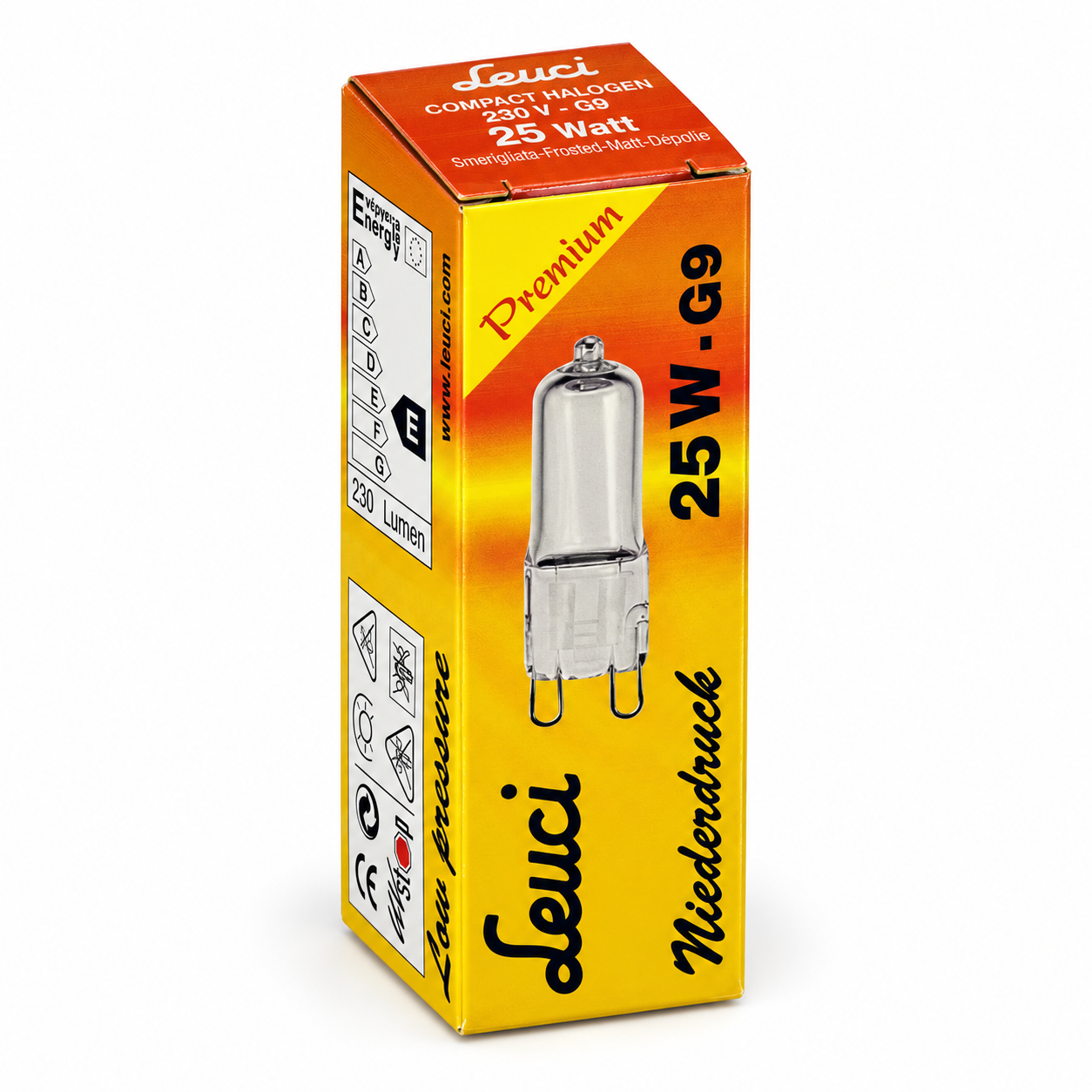 LEUCI Halogenlampe 25 Watt – Verpackung in Seitenperspektive